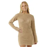 Vestido corto color beige, tejido al crochet, con mangas largas y cuello redondo.