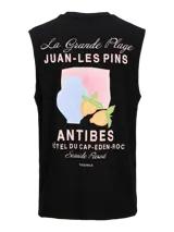 Musculosa oversize de algodón con cuello redondo y calce relajado. Presenta un diseño estampado en la espalda con motivos veraniegos y tipografía alusiva a Juan-les-Pins y Antibes.