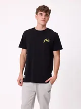 Remera negra de manga corta con gran estampado en la espalda de un paisaje natural montañoso, árboles, carpa y tipografía multicolor.