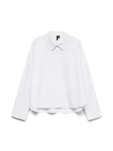 Camisa de manga larga con cuello clásico y cierre frontal oculto por tapeta. Presenta un bolsillo de parche en el pecho, puños anchos y un dobladillo redondeado. Confeccionada en una mezcla de poliéster reciclado y algodón.