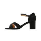 Sandalias de tacón Korium modelo Eliette, color negro con tiras cruzadas frontales con strass y tira ajustable al tobillo con hebilla.