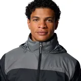 Campera impermeable Columbia modelo Glennaker Lake Jkt Omni-Shield, en color negro y gris, con capucha ajustable que se guarda en el cuello, cierre frontal y bolsillos con cierre.