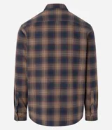 Camisa de manga larga confeccionada en franela de algodón, con diseño de cuadros en tonos marrones y azul marino. Presenta cuello inglés, cierre frontal con botones y dos bolsillos con solapa en el pecho.