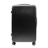 Valija de viaje grande de policarbonato color negro, con diseño texturizado de líneas verticales, esquinas reforzadas y ocho ruedas multidireccionales.