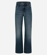 Pantalón de jean corte bootcut con tiro bajo y lavado efecto desgastado. Presenta presillas en la cintura, cierre frontal con botón y cremallera, y detalle de tachas metálicas en los bolsillos delanteros.