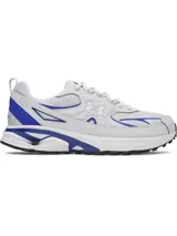 Championes Under Armour modelo Apparition, diseño retro de running en color gris con detalles en azul vibrante. Presenta una parte superior de malla transpirable con superposiciones de cuero sintético, amortiguación reactiva UA HOVR y suela de goma resistente.