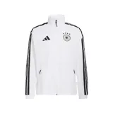 Campera deportiva Adidas de la selección de Alemania, modelo Anthem. Diseño en color blanco con cierre frontal, cuello alto, bolsillos laterales y las icónicas tres tiras de la marca en color negro a lo largo de las mangas. Presenta el logo de Adidas y el escudo de la selección alemana en el pecho.