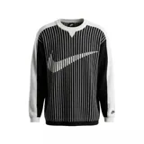 Buzo tejido de punto Nike, con diseño de rayas verticales en blanco y negro. Presenta el logo de la marca en gran tamaño integrado en el tejido frontal y cuello redondo.