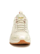 Championes Cat modelo Hasten Mesh para mujer, en color blanco con detalles en tonos tostados y rosados. Presentan capellada de malla y microfibra, suela gruesa de goma dentada y cordones frontales.