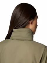 Campera cortaviento Columbia modelo Switchback IV Jacket con tecnología Omni-Shield, color verde militar, con capucha ajustable, cierre frontal y bolsillos laterales con cierre.