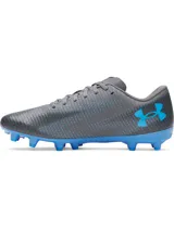 Championes de fútbol Under Armour Shadow Select 3 FG, color gris con detalles en azul brillante. Presentan una parte superior sintética suave con diseño texturizado, logo de la marca en el lateral y suela de TPU con tacos cónicos para tracción en superficies naturales firmes.