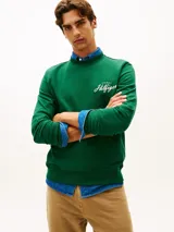 Buzo Tommy Hilfiger de cuello redondo, color verde, con corte regular y logo script bordado en el pecho. Está confeccionado íntegramente en felpa de puro algodón.
