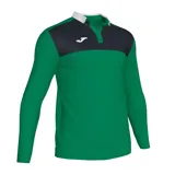 Remera tipo polo de manga larga, color verde con detalles en negro y cuello blanco.