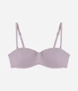 Soutien sin breteles color marrón, con copa hueca, tirantes desmontables y cierre en la espalda.