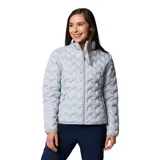 Campera puffer de mujer con tecnología Omni-Heat y Omni-Shield, confeccionada en tejido resistente al agua con aislamiento de plumón. Presenta cierre frontal completo, cuello alto con protector de barbilla, bolsillos laterales con cierre y diseño de costuras térmicas sin costuras.