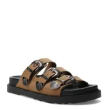 Sandalias de plataforma baja Miss Carol modelo Valencia, color marrón claro, con tres tiras anchas en el empeine decoradas con hebillas metálicas plateadas de estilo western.