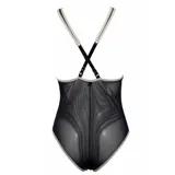 Body de mesh transparente color negro, sin mangas, con escote pronunciado y detalles de ribetes en tono beige.