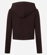 Campera corta con capucha fija, cierre frontal con cremallera y mangas largas, confeccionada en tejido modal con acabado satinado.