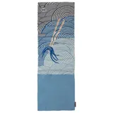 Cuello polar multifuncional Buff, con diseño combinado de estampado geométrico de líneas en tonos azules y blancos en la parte superior y forro polar liso en color azul en la parte inferior.