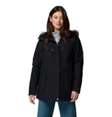 Campera tipo parka para mujer, color negro, con tecnología impermeable y transpirable. Cuenta con capucha ajustable forrada en sherpa con borde de piel sintética, cierre frontal bidireccional, cintura ajustable y múltiples bolsillos con cremallera. Incluye puños interiores acanalados para mayor protección contra el frío.