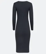 Vestido midi verde militar de algodón acanalado, con escote cuadrado y mangas largas.