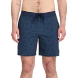 Short de baño Volcom modelo Psyche Cotton Stoney, color azul con estampado geométrico sutil. Cuenta con cintura elástica con cordón de ajuste y largo de 17 pulgadas.