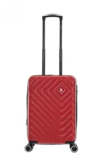Valija chica de color rojo, con carro reforzado, cierre expansible, candado incorporado, ruedas dobles spinner 360 desmontables, sujeción y compartimiento interno. Fabricada en ABS y de 19 pulgadas.