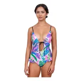 Malla enteriza con estampado tropical multicolor sobre fondo blanco, con escote profundo, aberturas laterales y detalle de volados en la cadera. Posee breteles finos regulables y cierre frontal con cordones.