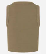 Blusa sin mangas color marrón claro, confeccionada en tejido rib con botones delanteros.