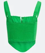 Top cropped de mujer color verde lima, estilo musculosa con escote cuadrado y tirantes. Presenta un lazo ajustable en el centro del busto y un fruncido delantero, con un recorte tipo corset en la parte inferior. La espalda es ajustada con látex.