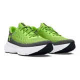 Championes de running Under Armour modelo Infinite, con tecnología de amortiguación HOVR. Presentan un diseño en degradado de color verde neón y gris oscuro, con suela blanca y logo de la marca en el lateral.