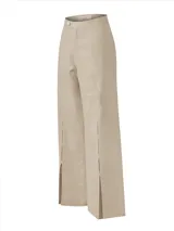 Pantalón de lino orgánico y viscosa color beige, de tiro alto, corte clásico y aberturas en el ruedo.