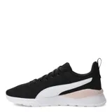 Championes Puma Anzarun Lite, color negro con detalles en blanco y lila. Presentan una parte superior de malla transpirable, cierre con cordones y suela blanca con amortiguación SoftFoam+.