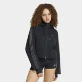 Campera corta Adidas SST 2.0 de color negro, con capucha, cierre frontal de cremallera bidireccional y las clásicas tres tiras en las mangas.