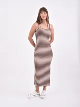 Vestido midi ajustado al cuerpo, con estampado de rayas horizontales color marrón y blanco.