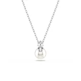Collar con cadena plateada y dije con perla blanca colgante debajo de un cristal con forma de flor.