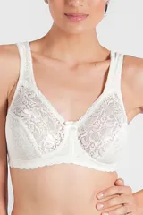Soutien blanco de encaje con breteles anchos regulables y espalda reforzada. Sin aro.