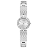 Reloj analógico Guess modelo Holly con caja redonda de 23mm y correa tipo brazalete de acero inoxidable en tono plateado. La esfera presenta un acabado radiante con índices de cristales y bisel decorado con textura de cuentas.