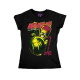 Remera negra de corte entallado con estampado frontal de la película Mars Attacks, presentando al alienígena con colores vibrantes en tonos verde, amarillo y fucsia.