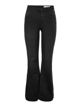Jeans flare de tiro alto, color negro, con diseño acampanado en las piernas y cierre frontal de botón y cremallera.