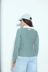 Remera de manga larga a rayas verticales verdes y blancas, con cuello polo y cierre frontal de botones. Presenta un diseño ajustado al cuerpo.