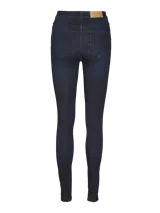 Jean skinny de tiro alto, color azul oscuro (dark blue denim), con cierre de botón y cremallera.