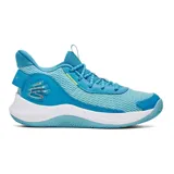 Championes de básquetbol Under Armour Curry 3Z7, color azul con detalles en blanco y verde lima. Presentan una combinación de malla transpirable y revestimientos de cuero, con entresuela Micro G para amortiguación y suela de goma de alta tracción.