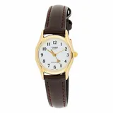 Reloj Casio de estilo clásico con caja dorada, esfera blanca con números arábigos y correa de cuero marrón con costuras visibles.