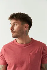 Remera de hombre color ladrillo, lisa, de corte regular, con bolsillo en el pecho, manga corta y cuello redondo. Confeccionada en algodón.