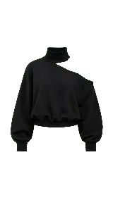 Buzo deportivo de felpa color negro, con diseño asimétrico de hombro descubierto y cuello alto. Presenta mangas largas con puños ajustados y ruedo elástico.