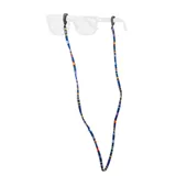 Sujeta lentes con cordón tejido multicolor y terminales de goma negra.