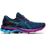 Championes de running Asics GEL-Kayano 27, color azul con detalles en violeta y celeste.