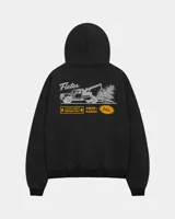 Canguro negro con capucha, confeccionado en algodón y poliéster con interior de felpa. Presenta un estampado gráfico en la espalda con diseño de un camión de remolque y detalles en amarillo y gris.