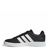 Championes urbanos Adidas modelo Grand Court Base 3.0, color negro con las tres tiras características en blanco y suela de goma blanca.